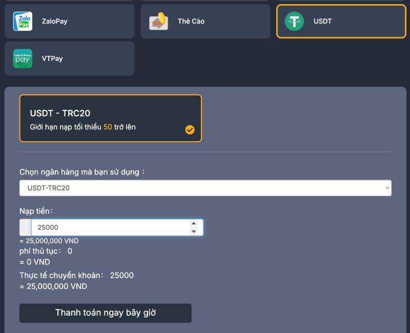 Nạp qua tiền điện tử (USDT – TRC20)